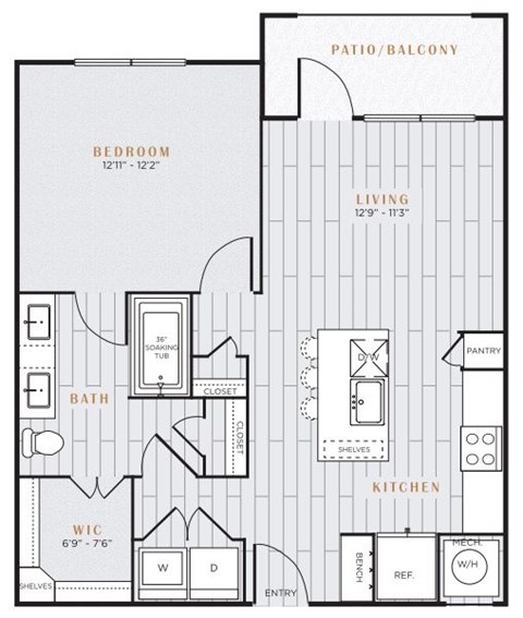 Floor plan for 1 bed, 1 bath, 774 sqft
